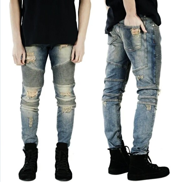 Represent Biker Jeans Mens 32 Blue Sand Stone Destroy Wash Moto Rib Skinny Rock - Picture 2 of 15